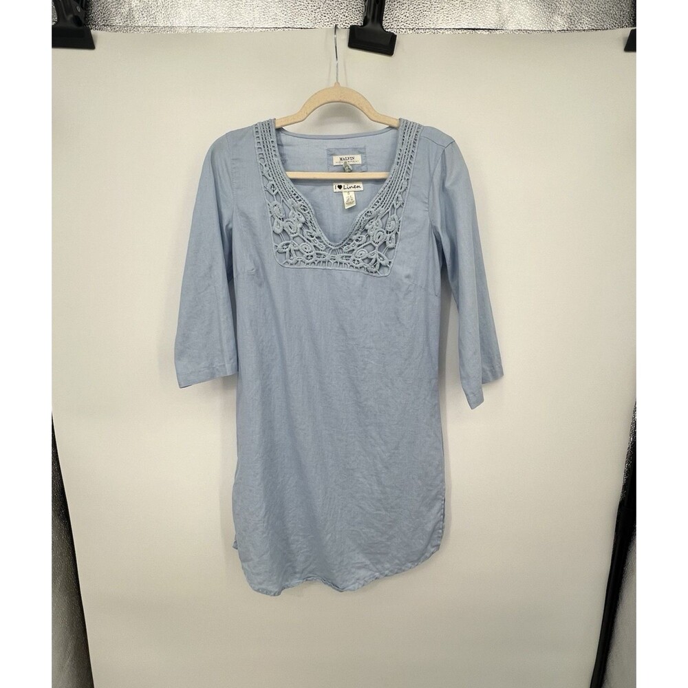 Malvin 100% Linen Tunic Shirt Dress Womens Size S Blue Lace Beach Coastal Preppy